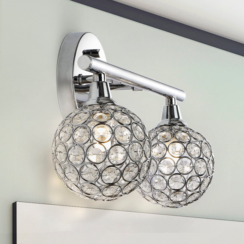 JONATHAN Y JYL7535A Maeve 13" 2-Light Iron/Glass Contemporary Glam LED Vanity Light Glam Transitional Art Deco 2700K LED 2W Bulbs Included Bathroom Hallway Living Room Bedroom Mirror Cabinet, Chrome 2 Bulb