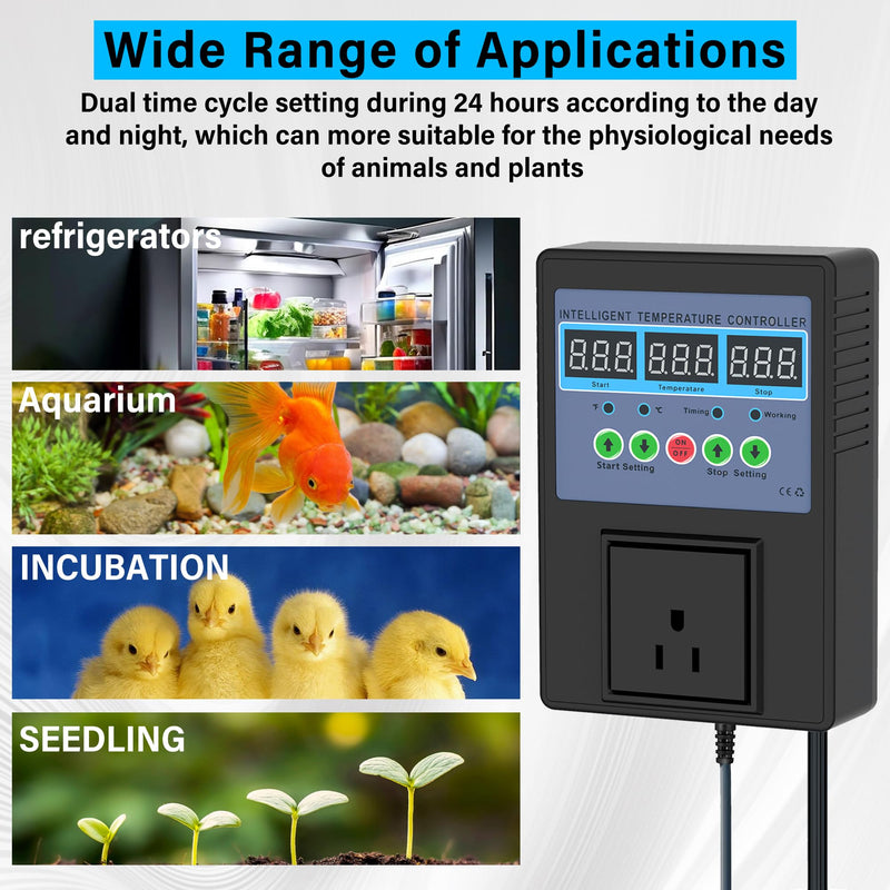 TempMaster Digital Temperature Controller Outlet,Heating & Cooling Thermostat with Dual Relay 15A 3300W,-20~120℉ Incubator Thermostat with Waterproof Probe,Temperature Control Switch for Reptile Tank