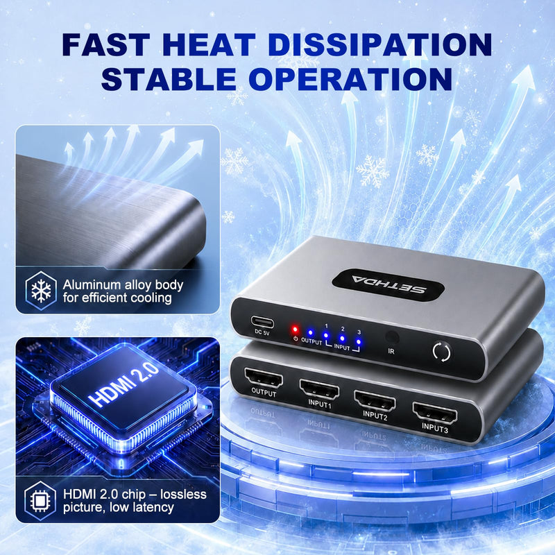 HDMI Switch 3 in 1 Out 4K@60Hz, HDMI Splitter Switcher with Remote& Charger | Low-Latency VRR, Aluminum HDMI Box Hub Supports Dolby, 3D, HDR, HDCP 2.2 CEC, Compatible with PS5, Xbox, Switch, TV,Projector