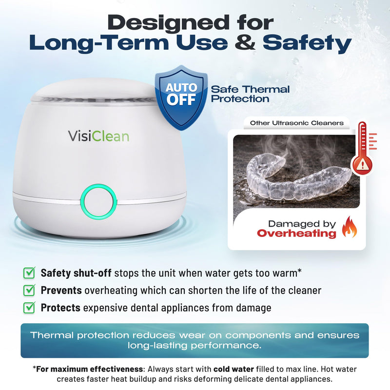 Ultrasonic Retainer Cleaner, 45k Hz Retainer Cleaner Machine, Aligner Cleaner, Nightguard Cleaner, Mouthguard Cleaner, Denture Cleaner - Ultrasonic Jewelry Cleaner - Heat Sensor - VisiClean Innova