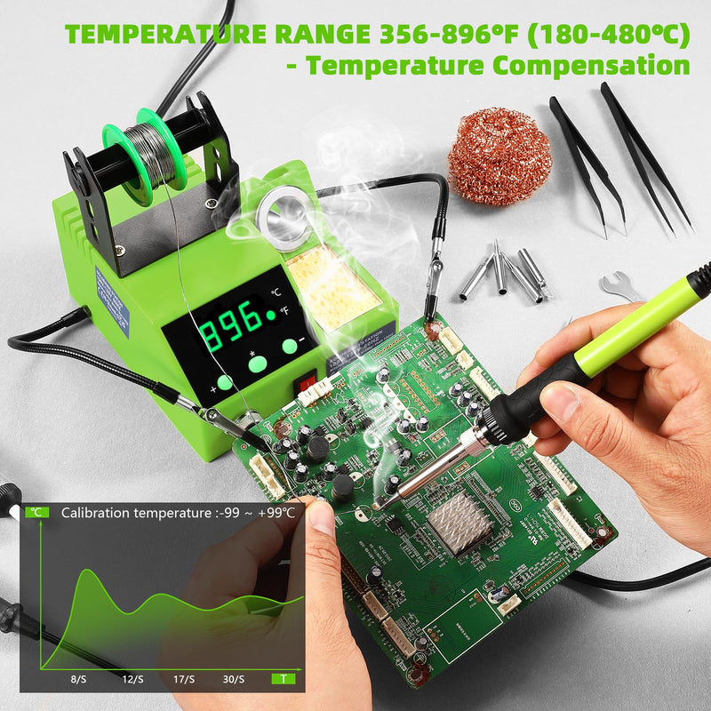 Soldering Station, 100W Digital Display Soldering Iron Station Kit with 2 Helping Hands, 356°F - 896°F, Auto Sleep, °C/°F Conversion, Solder Wire, Tips, Stand, Pump, Tweezers, Tip Cleaner, Green 938-green