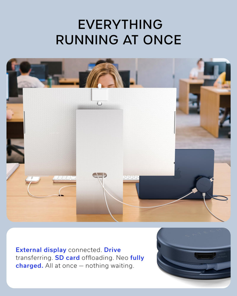 Satechi OntheGo 5-in-1 USB-C Hub, 4K/60Hz HDMI, SD Card Reader, Indigo | USB hub, 60W PD pass-through charging, SD card reader, 5 Gbps Type-A/Type-C data, magnetic mount, for MacBook Neo/Air/Pro