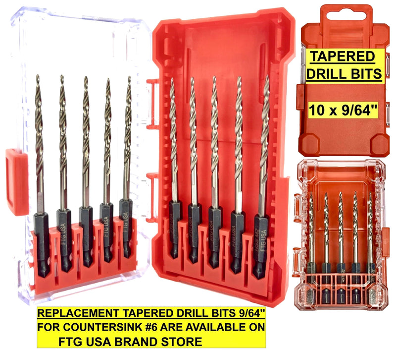 FTG USA 6 Pc #6 (9/64") Countersink Drill Bit Set with Tapered Drill Bits for Wood, Depth Stop Collar, Hex Wrench and Storage Container Same Sort 6 Pc