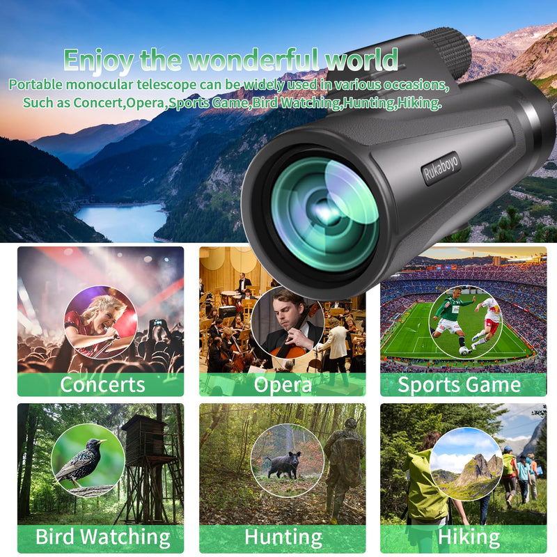 12X50 HD Monocular Telescope High Powered with Smartphone Adapter &Tripod - BAK4 Prism Monocular for Wildlife Bird Watching Hunting Travel Camping Stargazing Hiking(Black) Black