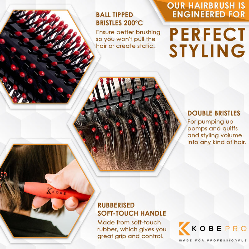 Kobe Professional Large Round Hair Brush and Quiff Roller for Men | 20mm 12-Row Dense Bristles | Comfort Ball-Tipped Pins, Non-Slip Grip, Anti-Static Volumising Styling Tool Barber Supplies L Red