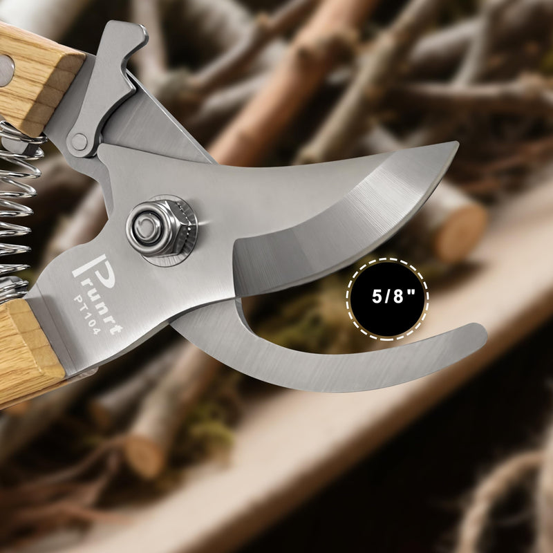 Pruning Shears for Gardening - 7.5" Hand Pruners with High Carbon Steel Blade, 5/8" Cutting Capacity, Ergonomic Wood-Inlaid Steel Handles, Safety Lock & a Spring Included - Garden Clippers
