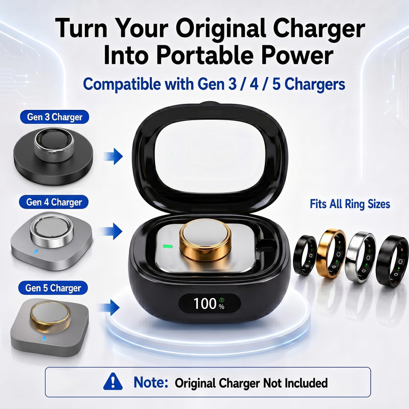 Wireless Charging Case for Oura Ring Gen 5/4/3 (Black) | Portable 2000mAh Travel Charger with LED Battery Display & Clear Window, Up to 15 Full Charges, Fits All Ring Sizes Black