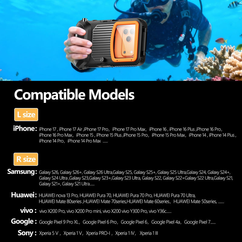 iPhone Underwater Housing, 50ft/15m, Gen 2s, Black Orange | A vacuum valve and physical shutter support secure diving; the 1/4in tripod mount expands filming options. Gen 2S -for iPhone
