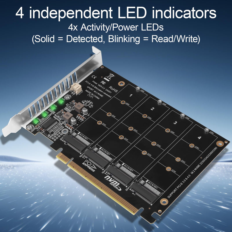 PCIe 4.0 x16 to 4 Port M.2 NVMe SSD Adapter Card, PCIe Bifurcation RAID Controller, 4x 64Gbps Full Speed, Supports 4x NVMe SSD with Individual LED Activity Lights & Soft RAID for Windows 10/11
