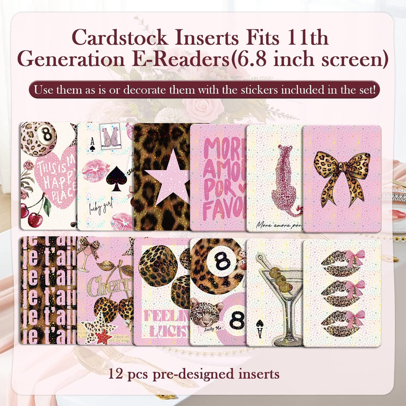 Rngmsi Insert Cardstock Charm for Kindle - 12Pcs Retro Cherry Leopard Print Cardstock Inserts Compatible with Kindle, Aesthetic Stickers Chain Charm with Hook Decorating Accessories for E-Reader