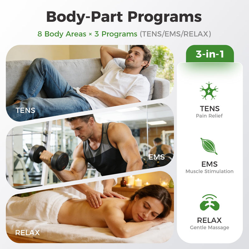 DOMAS TENS Unit with 4"x6" Butterfly Pad for Lower Back Pain Relief, 8 Guided Body Programs, USB-C Rechargeable, Dual Channel Silver
