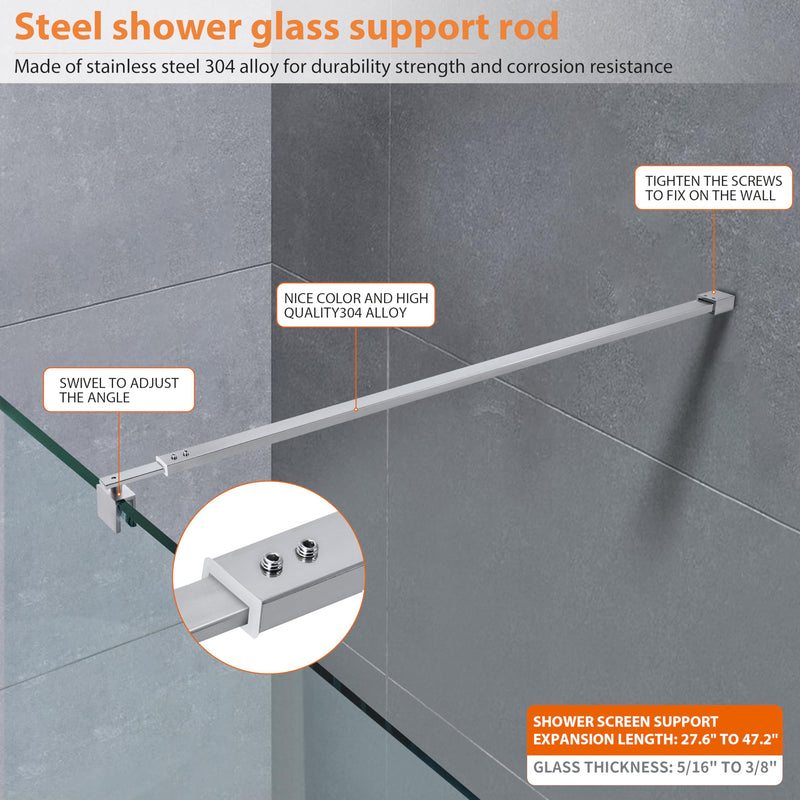 Shower Door Support Bar, Adjustable Length 27 3/5"-47 1/5" (700mm-1200mm) Rod for 5/16" (8mm) to 3/8" (10mm) Thick Frameless Glass Door Panel, Brushed Silver Adjustable length 700-1200mm, square end