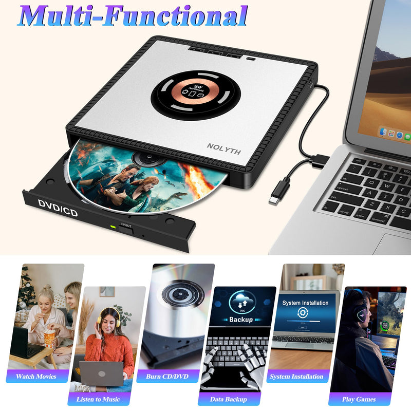 External CD Drive for Laptop: with 15W Wireless Charger Plug & Play | Optical DVD Burner for Apple Mac Linux Windows PC, Portable DVD Player Disc Reader with 3 USB3.0 Ports 1 USB C, 1 TF&SD Port