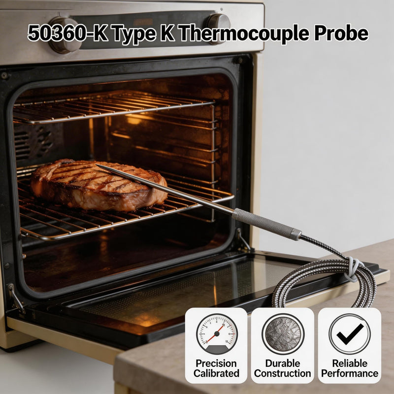 50360-K Type K Thermocouple Probe with 55-inch Stainless Steel Braided Cable. Compatible with Cooper-Atkins Type K Thermocouple Probes Temperature Range -40°F to 1100°F Suitable for ovens and Grills