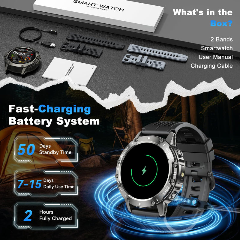 Smart Watch for Men Fitness Tracker: Waterproof Make Answer Call Running Digital Mens Watches Military Smartwatch Android Phone iPhone Samsung Compatible SpO2 Sleep Heart Rate Monitor Step Pedometer Black
