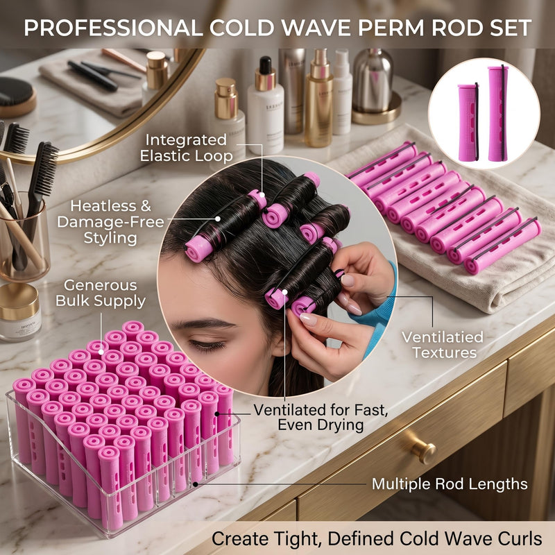 60 Pack 0.75 Inch Cold Wave Perm Rods Purple Plastic Hair Curlers with Caps and Bands Salon Hair Styling Rollers for Home and Professional Use