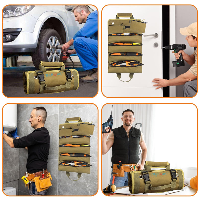Tool Roll Up Bag, ZMyHeart Tool Organizer Bag,Tools Storage Box,11 Pouches,Grease Resistance,Tools Carrier Bag for Electrician,Mechanic,Plumber,Carpenter,Craftsman,Hobbyist,Gift for Men (Khaki) Khaki