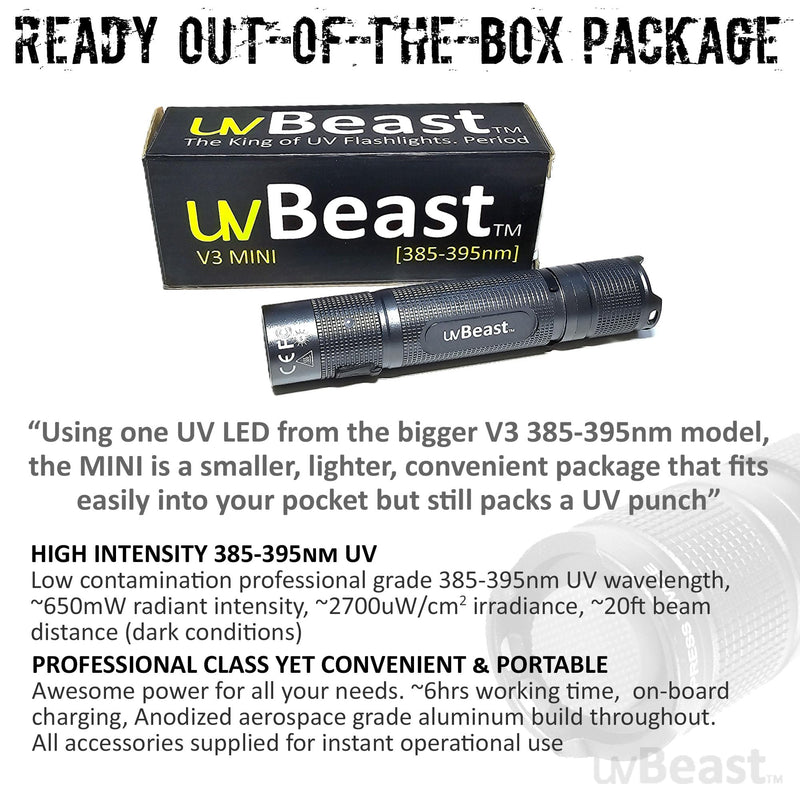 uvBeast New V3 MINI 385-395nm - Black Light UV Flashlight – Low Contamination Ultraviolet - Professional Grade High Power 5 Core UV LED – USA Stock
