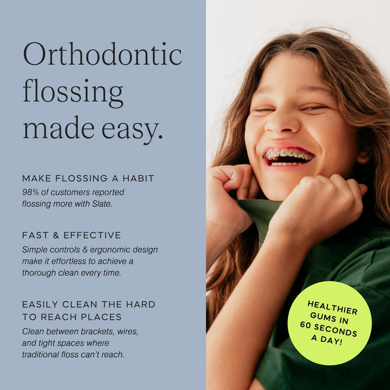 Slate Flosser Mini - Orthodontic Braces Bundle | 3-in-1 Dentist-Invented with Reusable Floss Heads, Gum Brushes & Tongue Scraper | More Effective Than String or Water Floss