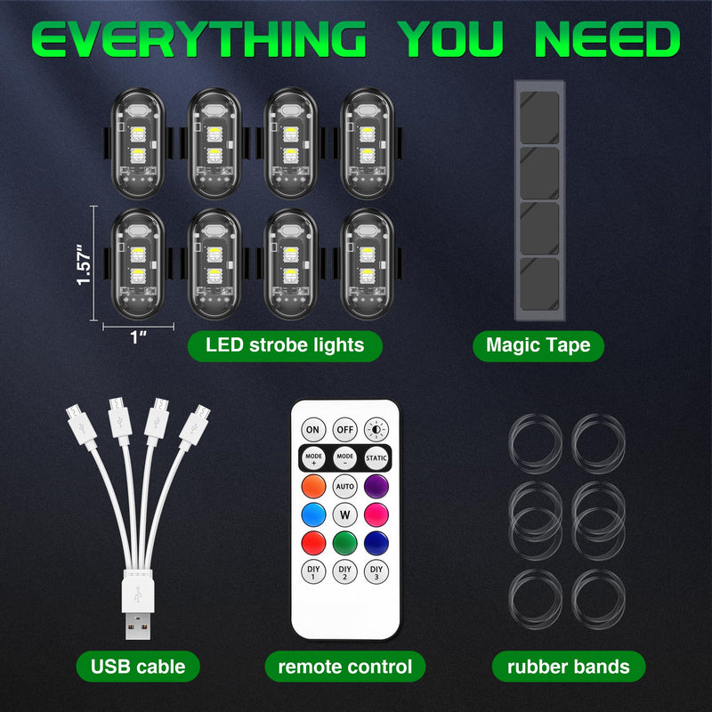Wireless RGB LED Aircraft Strobe Lights with Remote Control, 8 Colors 10 Flash Modes USB Charging Anti-Collision Lights Waterproof Emergency Warning Light for Drone Car Motorcycle Bike 8 Pcs 8Pcs