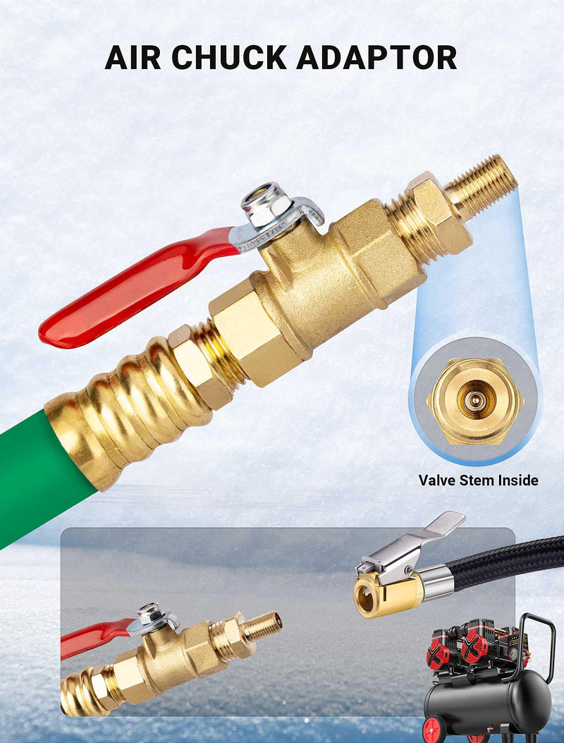 Brass RV Winterizing Kit with Schrader Valve Blow Out Plug, 17 Inch Garden Hose with 3/4" GHT Adaptor & 1/4" NPT Quick Connect Plug, Sprinkler Blowout Adapter for Camper, Travel Trailer
