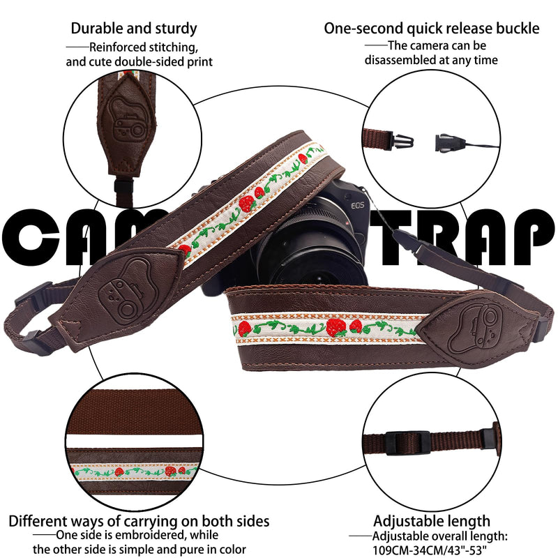 Neck Camera Strap, 1.5" Leather Camera Straps for Photographers, Adjustable Shoulder Belt for DSLR and Digital Camera Coffee Embroidery Camera Strap-08