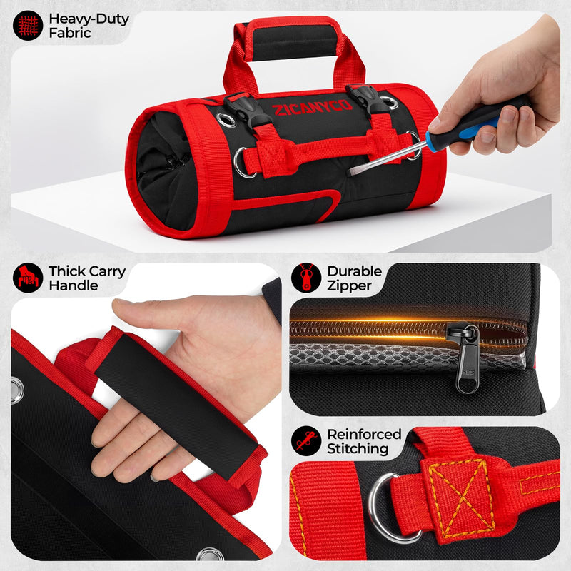 Roll Up Tool Bag, Heavy Duty See-Through Tool Roll Organizer with 2 Detachable Pouches, Portable Mechanic & Motorcycle Tool Bag, Birthday & Father’s Day Gift, Red