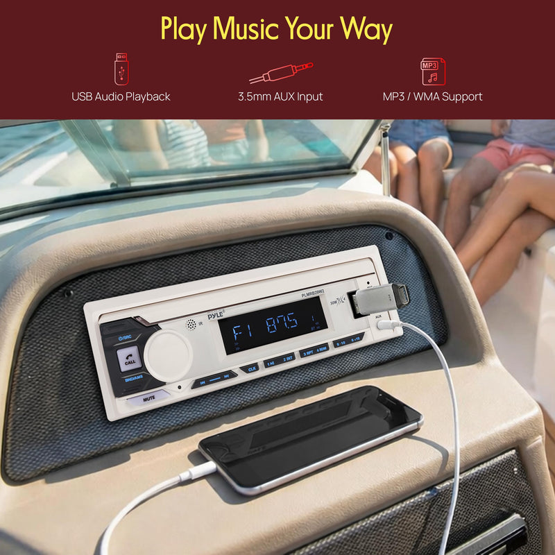 Pyle Marine Radio Single DIN Receiver – Bluetooth Wireless Streaming, AM/FM Tuner, USB/AUX MP3 Playback, Hands-Free Calling, Remote Control, RGB Buttons, Splash-Resistant Stereo Upgrade White