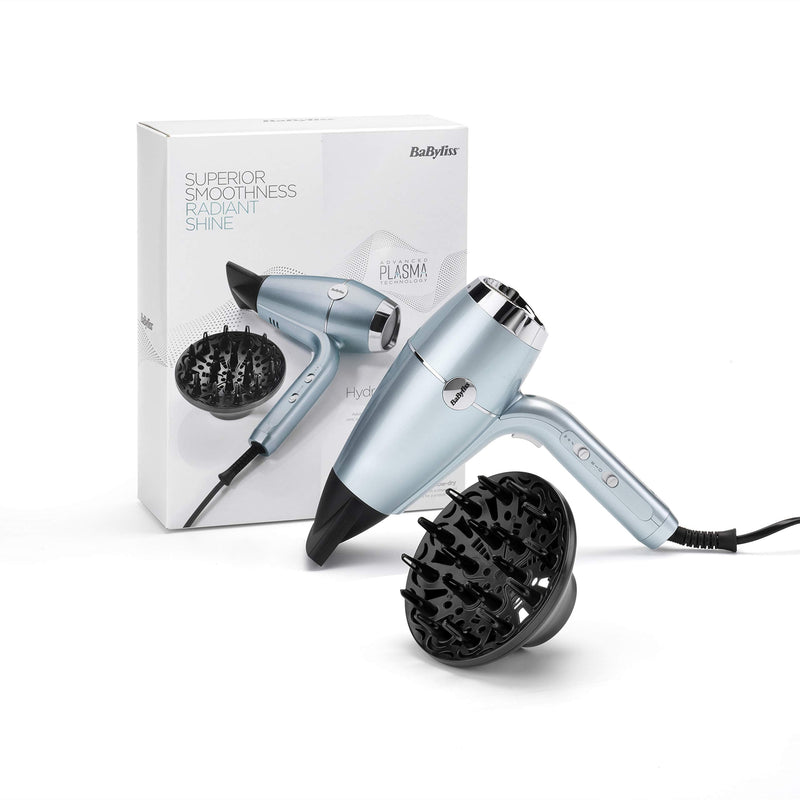 BaByliss Hydro-Fusion Hair Dryer with Diffuser - Professional 2100W Ionic Blow Dryer for Frizz-Free Styling, Plasma Technology for Shine, Lightweight Design, 3 Heat & 2 Speed Settings, Blue, 5573U Single