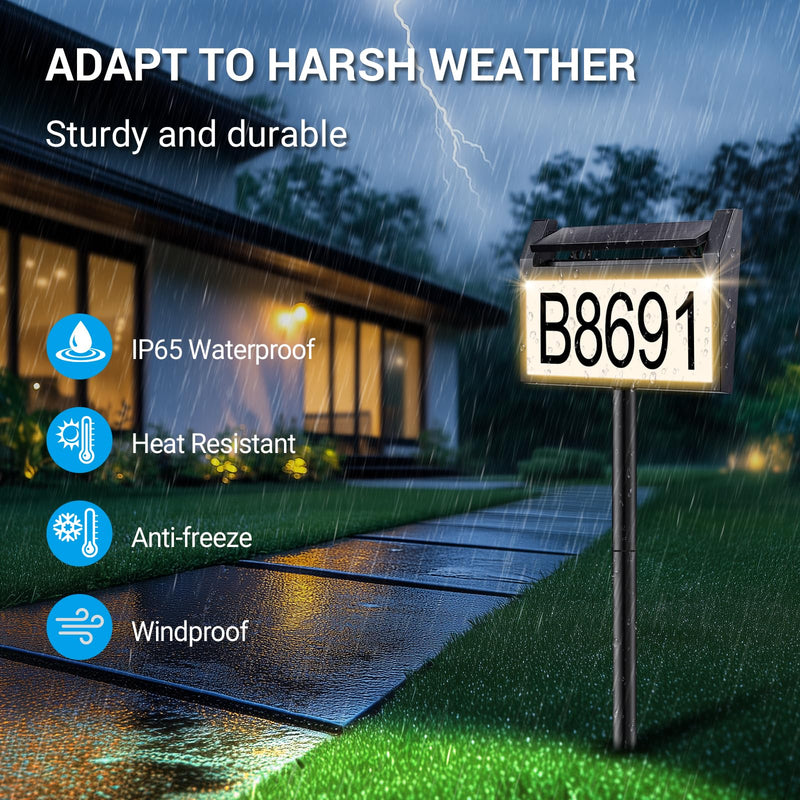 Solar House Number Sign, deerdance LED Illuminated Outdoor Address Plaque with Smart Control, 3-Color in 1 Waterproof Solar Powered House Number Light with Stakes for Outside Home, Yard, Street, House address sign-1 1 PC
