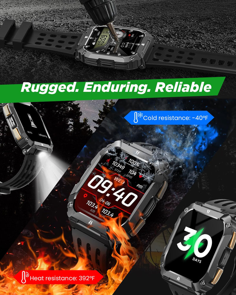 FOSMET 1.95'' Smart Watches for Men(Flashlight&100 Days Battery Life) | Waterproof Military Fitness Smart Watch with Call/Sleep/SpO2/Heart Rate/Step Tracker, 100+Sport Smartwatch for Android iPhone Black 1.95"