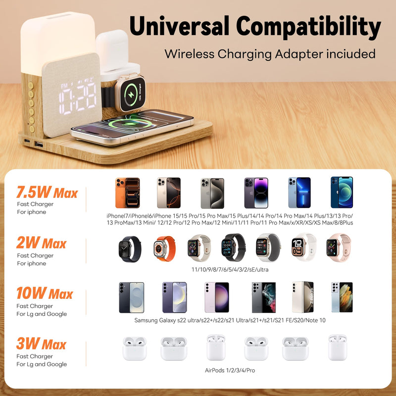 7 in 1 Wireless Charging Station, 25W Charger with Alarm Clock Night Light | 25W Bedside charging stand compatible with iPhone 17/16/15/14/13/12 Pro Max, Apple Watch, AirPods for bedroom daily use Wood
