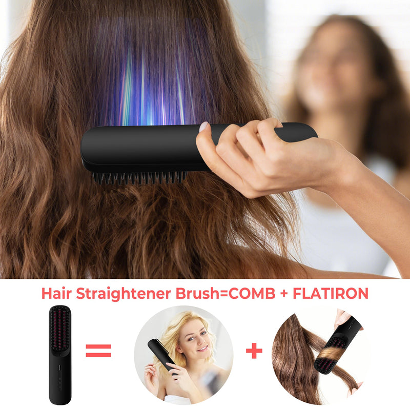 UKLISS Go Brush Pro Cordless Hair Straightener Brush, USB Straightener | Rechargeable Ceramic Styling Brush with 4 Heat Modes & LED Display, Portable for Travel & Everyday Use Black