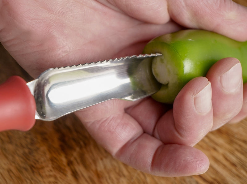 RSVP International Endurance Collection Vegetable Core & Seed Remover, Tomato, Zucchini, Jalapeno Pepper Corer Tool, Dishwasher Safe, 8.25" Overall Length, Stainless Steel Blade, Red Handle