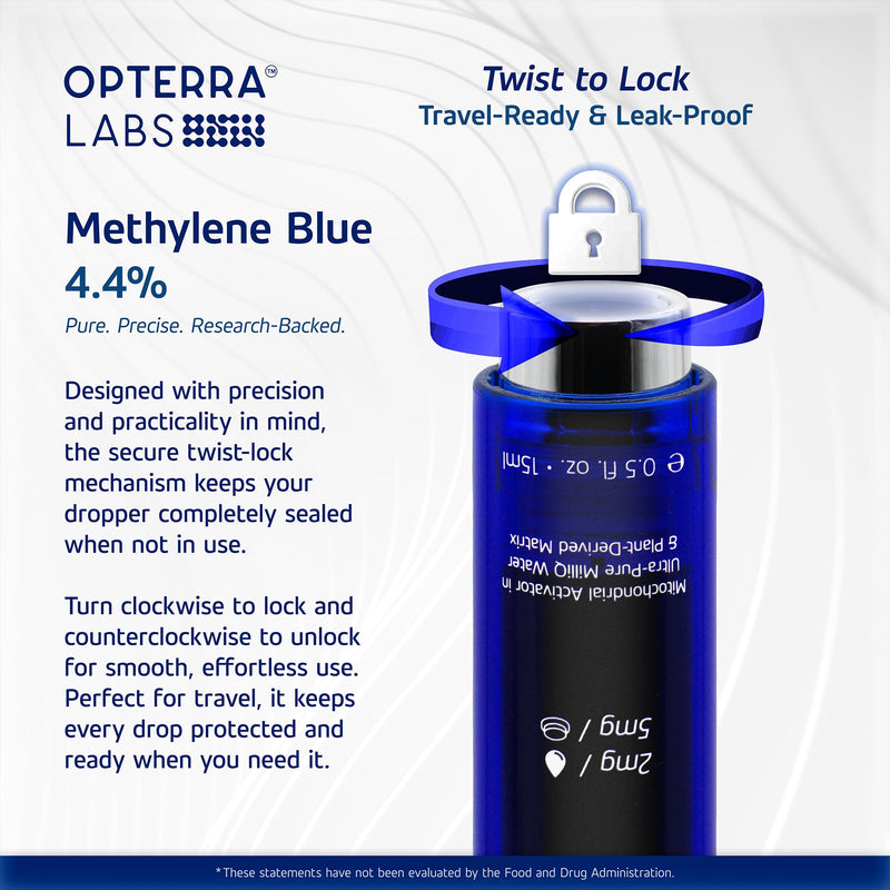 Methylene Blue Drops Pharmaceutical Grade - 4.4% USP Blue Methylene Pharmaceutical Grade | Alcohol & Formaldehyde-Free Cellular Support Formula | Made Vegan & Keto-Friendly | 15ml | OPTERRA LABS