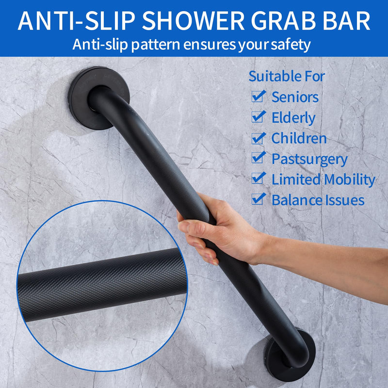 Anti-Slip Shower Grab Bar for Seniors Disabled,Bathroom Safety Bars for Wall Mount,High Load Capacity Toilet Grab Bars,Water-Resistant Shower Safety Bars for Elderly (Black Knurled, 12-inch Grab Bar)