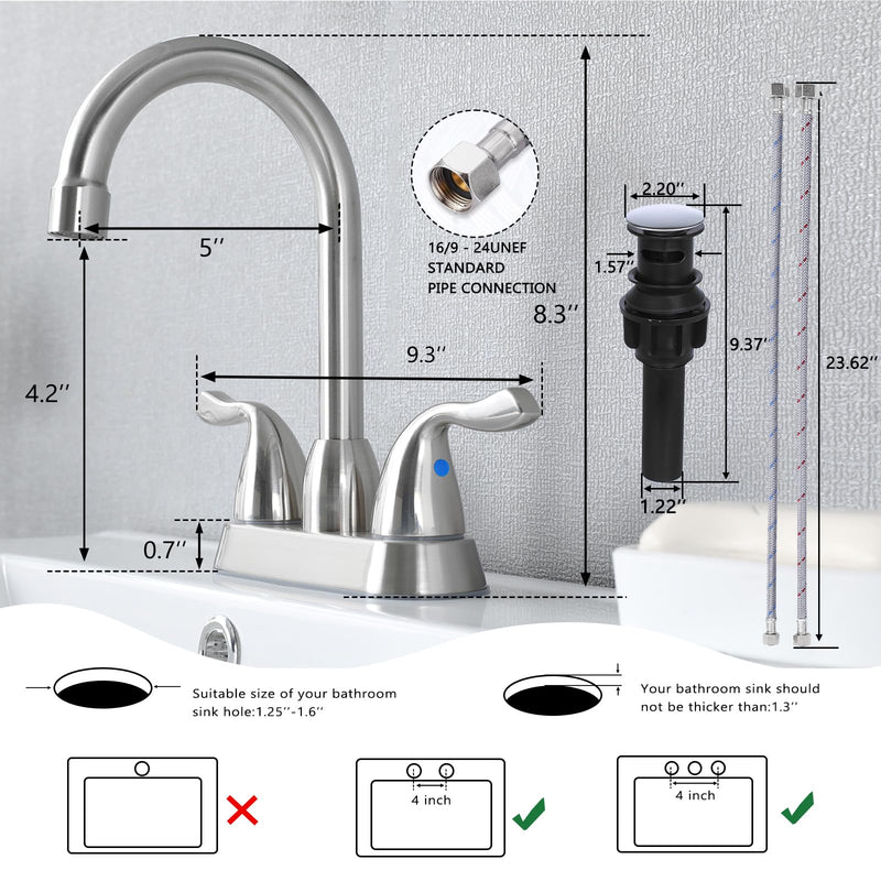 Brushed Nickel Bathroom Sink Faucet, 2 Handle 4 Inch Centerset Bathroom Faucet, 3 Hole Small Bathroom Sink Faucet with Supply Lines and Pop-up Drain, RV faucets for Camper Lavatory Vanity Brushed Nickel Two Handle