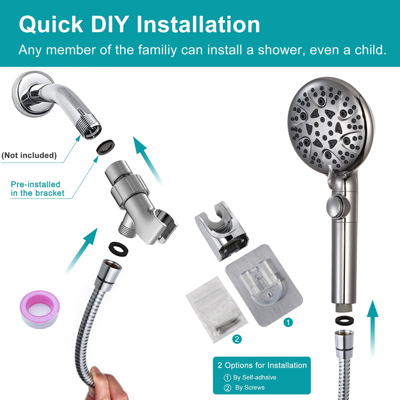 GwernKB Handheld Shower Head with On Off Switch 8-Mode High Pressure Showerhead with 79 Inches Extra-long Stainless Steel Hose and Bracket PLUS Extra Low-Reach Adhesive Wall Mount for Kids,Silver… Silver