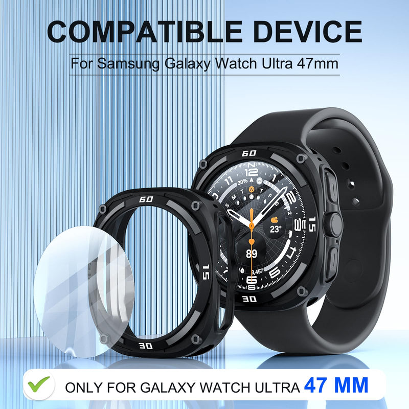 Bumper Cover & Glass Protector for Samsung Galaxy Watch Ultra 47mm | 1-Pack Soft TPU Bumper Case & Tempered Glass, Anti-Fall Anti-Scratch, Easy Install, Black, Ultra 8 / Ultra 7 47mm Ultra 8 / Ultra 7