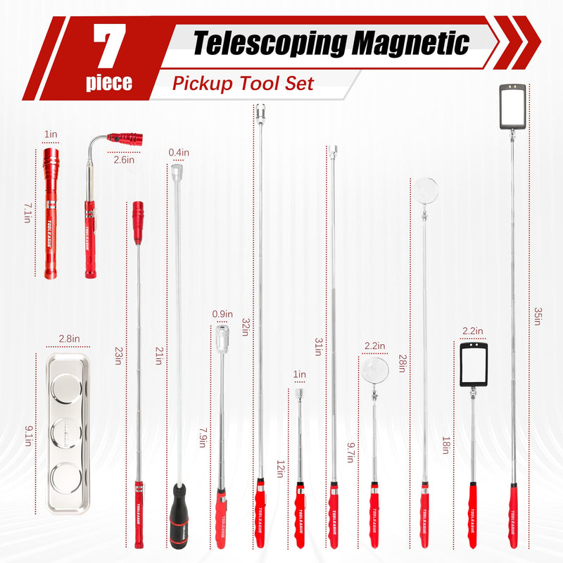 TOOLEAGUE 7Pcs Telescoping Magnetic Pickup Tool Set, Extendable LED Flashlight,Round & Square 360° Inspection Mirror for Men Mechanics, and Handymen, Red 7 7 pcs