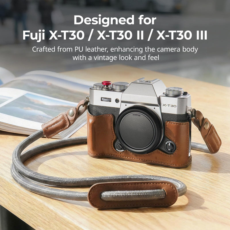 SMALLRIG Leather Case with Shoulder Strap for FUJIFILM X-T30 III/X-T30 II | Retro Style Camera Half Case with Aluminum Frame & Shutter Button Cap (Brown) Brown