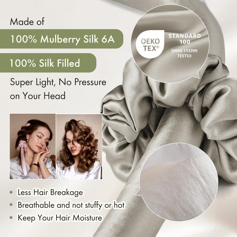 LILYSILK Heatless 100% Mulberry Silk Curling Headband And 2 Silk Scrunchie Set Hair Diy Hair Styling Tools, Silvergray