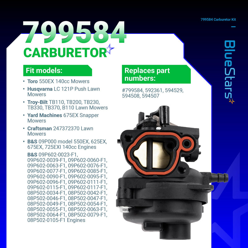BlueStars 799584 592361 Carburetor - Compatible with 550EX 625EX 675EX 725EXI 140cc Engines Husqvarna LC121P Troy-Bilt TB110 TB200 B110 Lawn Mower - Replaces 594058 594057 594529
