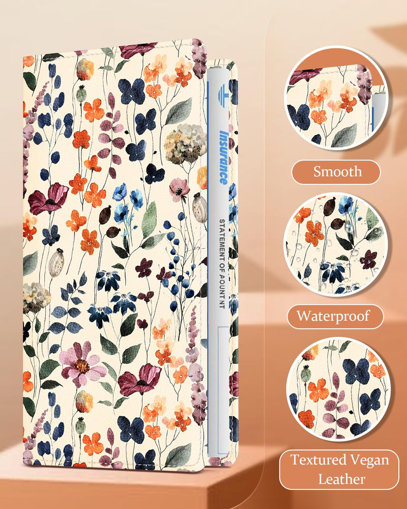 Slohif Car Registration and Insurance Holder - Plant Vehicle Glove Box Organizer Women with Magnetic Shut Leather Automobile License Holders Coasters Auto Accessories Case for Document Watercolor