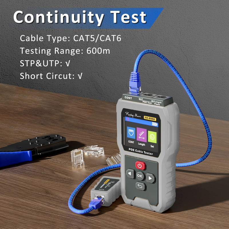 PoE Cable Tester, IEEE 802.3af/at/bt Compliant Network Tester with Port Flash Detection, Cable Length Meter, Continuity Test for CAT5 CAT6, 1500mAh Battery