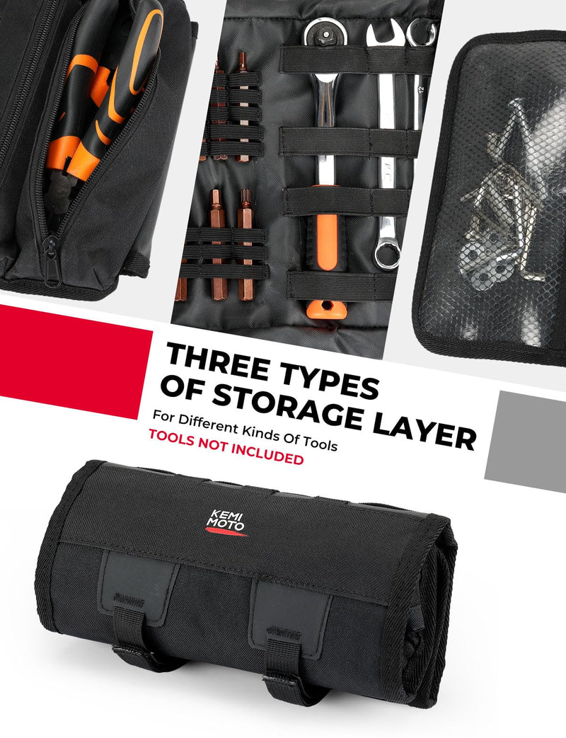 KEMIMOTO Motorcycle Tool Bag - Handlebar Kit Roll Up Organizer With Elastic Loops Pockets - Sturdy Pouch for Softail Dyna Sportster - Tools Not Included Nylon