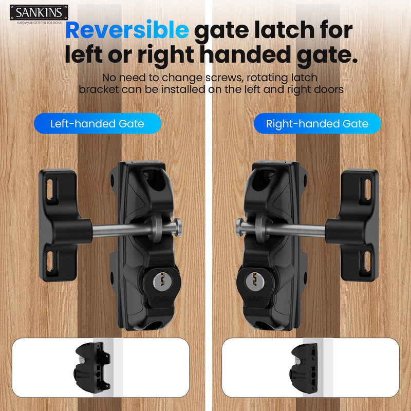 Key Lockable Double Sided Gate Latch for Wooden Fence, Gravity 2 Way Gate Latch Vinyl Fence Gate Lock, Two-Sided Keyed Lock Outdoor Gate Latch for Metal Gates, Vinyl Fence, Wood, Black