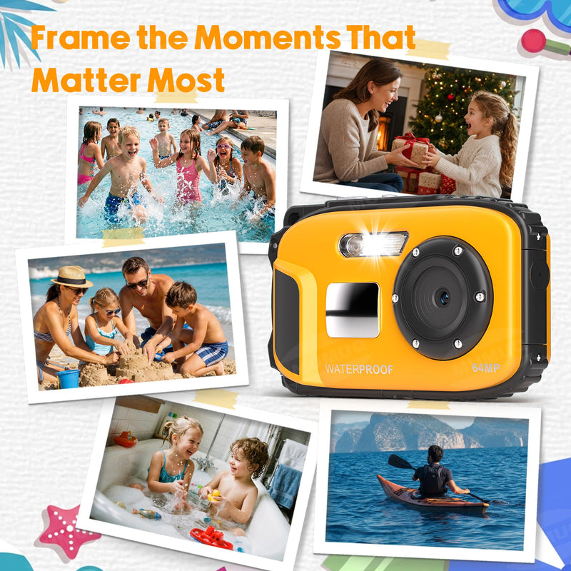 Floating Underwater Camera for Kids, Waterproof Camera with 32GB SD Card | IP68 48MP 4K Portable Snorkeling Camera for Pool Beach, Lightweight Rechargeable Floating Action Camera, Yellow