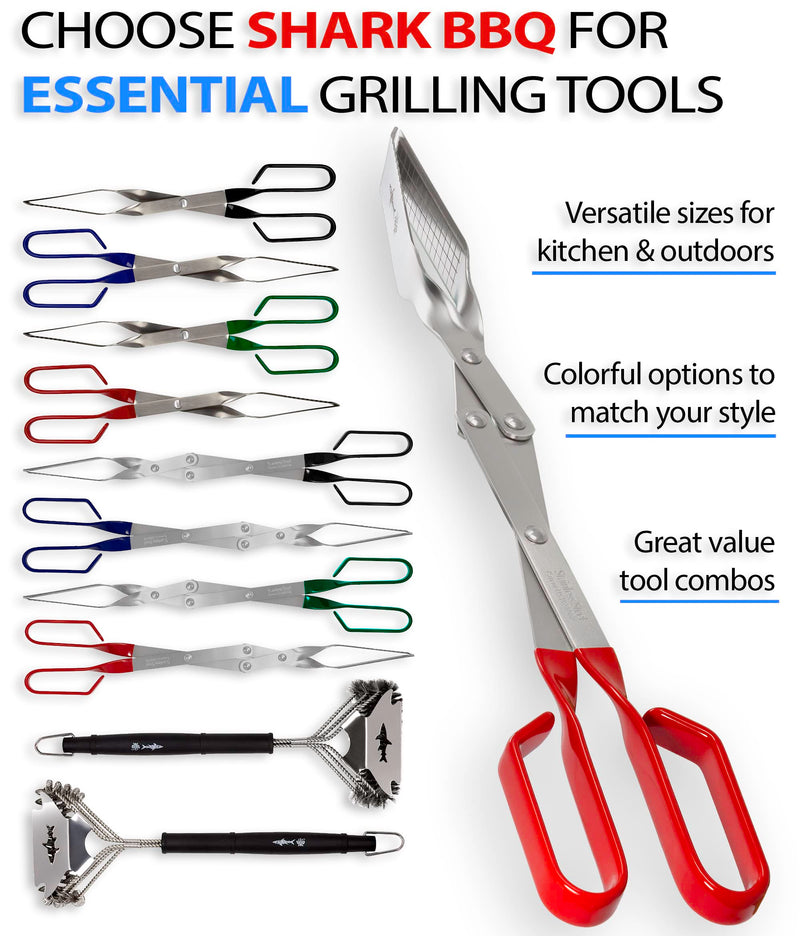 Shark BBQ Grill Tongs - 17 inch Red. Professional kitchen and outdoor grilling utensil. Long reach Barbeque Grilling Tongs. Ideal for steak, fish, burger, and sausage Red Long-reach