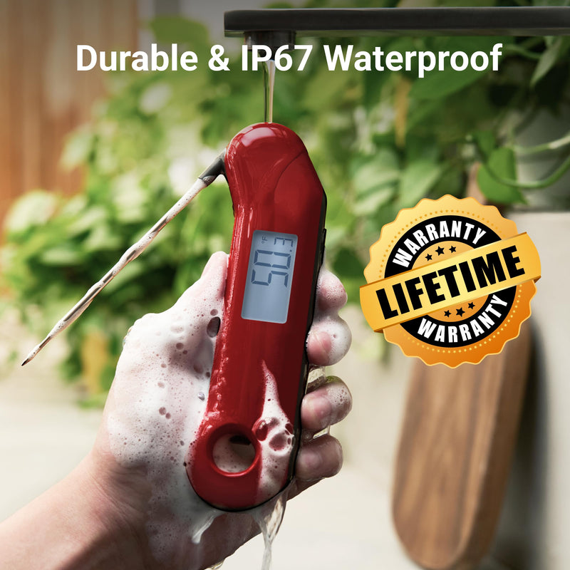 Professional Digital Meat Thermometer, Ultra Fast 0.5 Sec Instant Read, NIST Certified Accurate to ±0.5°F, IP67 Waterproof, Backlit, Auto Rotate/On/Off, BBQ/Smoker/Grill/Candy/Cooking, Dark Red&Gray Dark Red & Gray